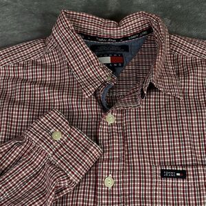 Tommy Hilfiger Shirt Men Large Red Plaid Button Up Tommy Jeans Vintage Flag logo